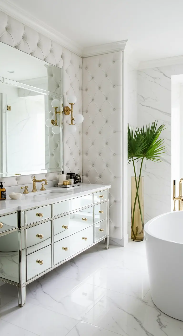 Glamorous all-white bathroom with tufted walls, a mirrored vanity, and gold hardware.