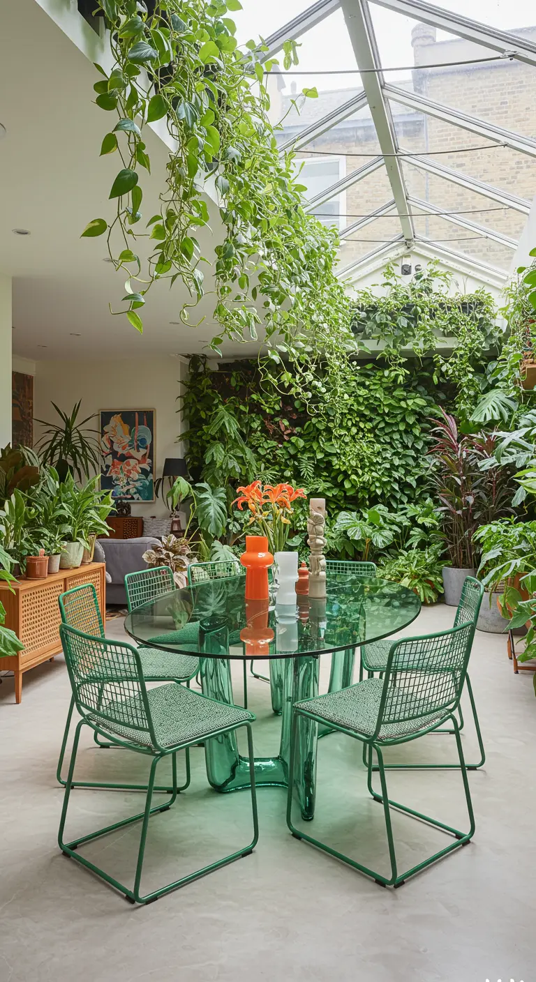 Green dining set with a glass table in a room filled with lush plants.