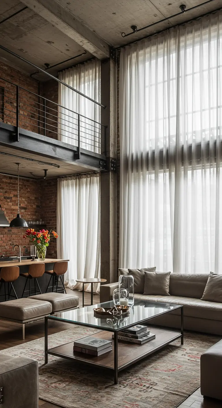 Industrial loft with exposed brick, double-height ceilings, and full-wall sheer curtains.