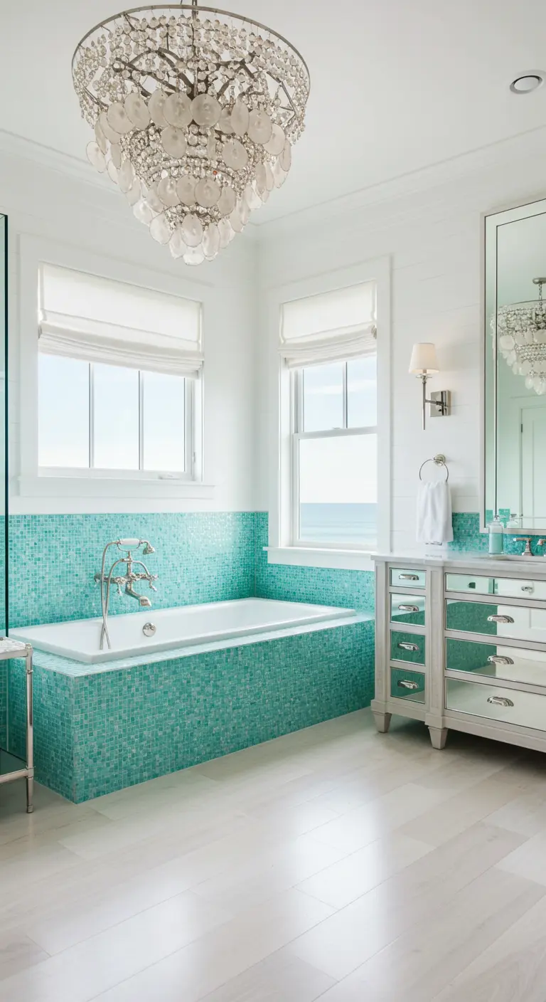 Bathroom with a mirrored vanity and a mosaic tile bathtub surround.