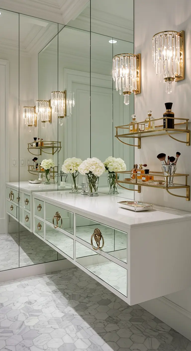 A glamorous vanity area with a wall of mirrors, crystal sconces, and a mirrored vanity.
