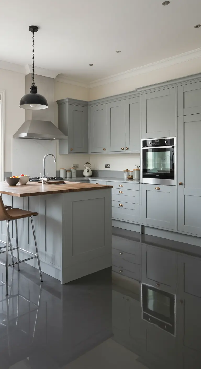 A grey Shaker-style kitchen with a highly reflective, polished dark grey floor that mirrors the cabinetry.
