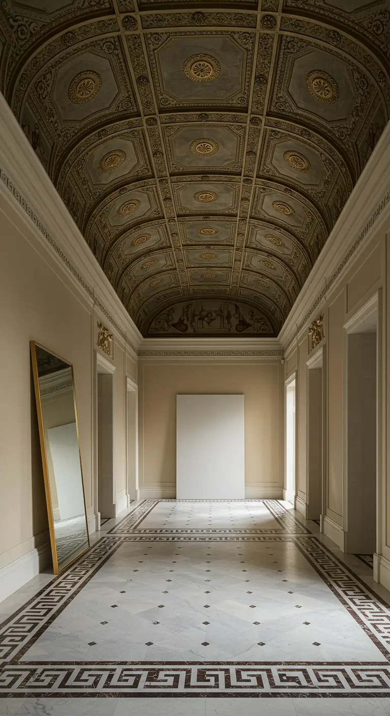 Grand hallway with a coffered ceiling, marble floors, and a large gold-framed floor mirror.