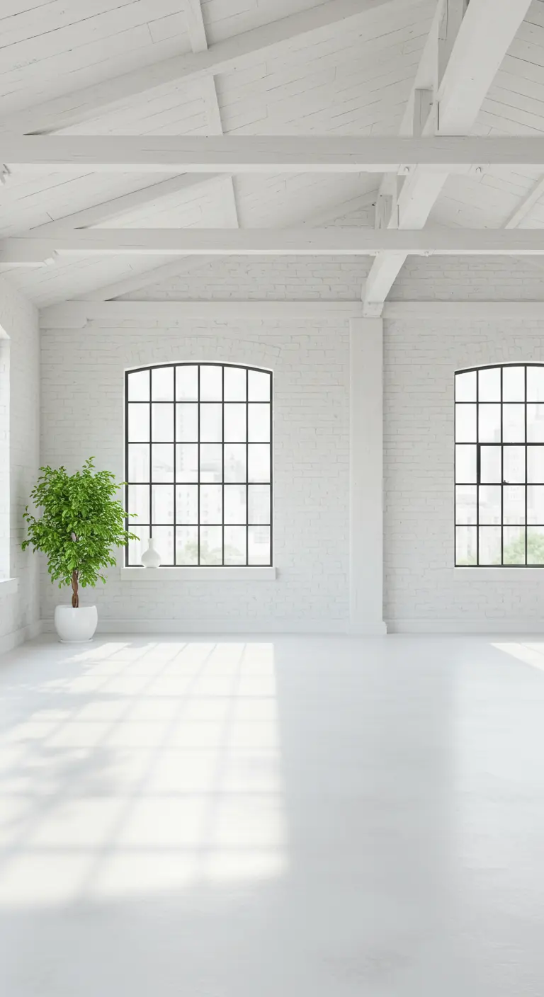 An empty, all-white loft with painted brick walls, exposed beams, and large black-framed windows.