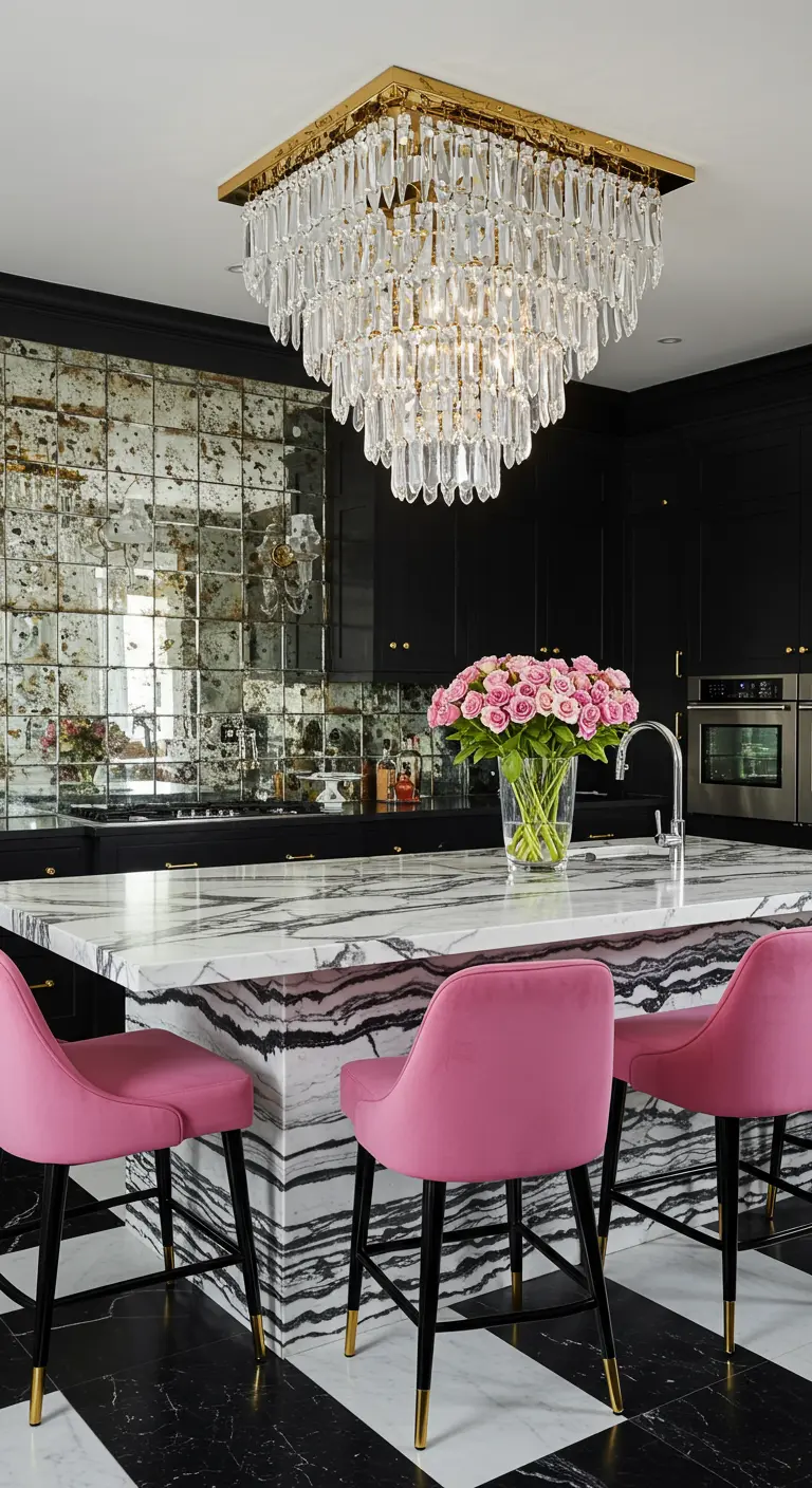 A dramatic black kitchen with a large crystal chandelier, pink velvet stools, and an antique mirror backsplash.