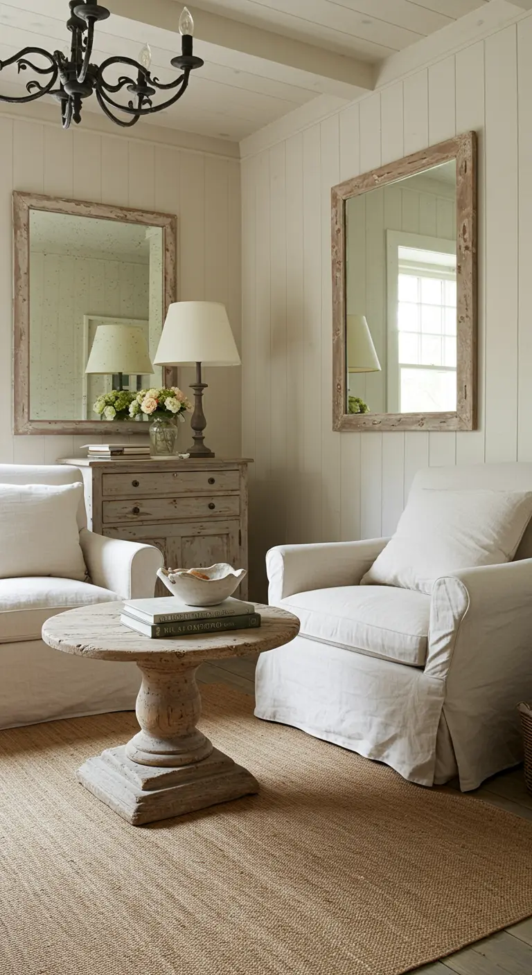 A cozy corner with a slipcovered armchair and two matching distressed wood mirrors on the wall.