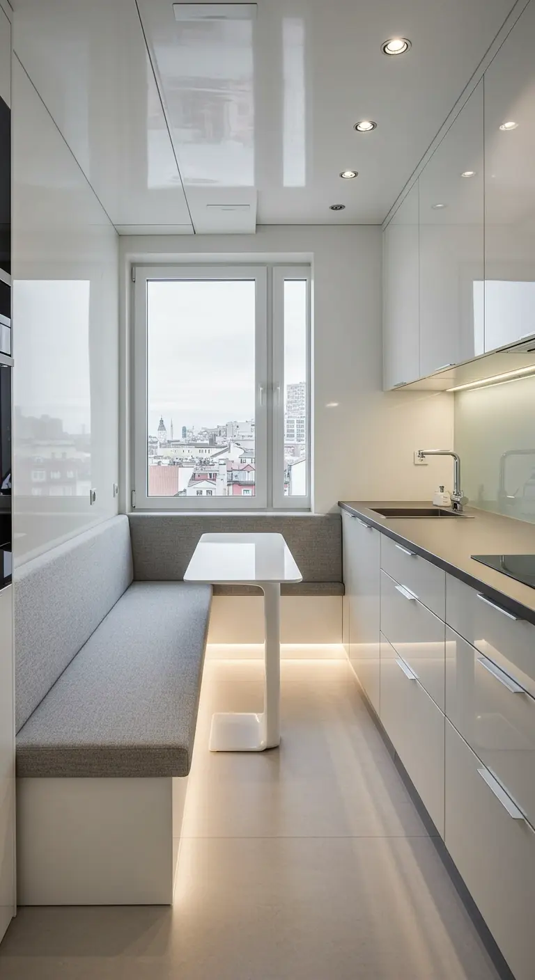 Modern galley kitchen with high-gloss white cabinets and a long grey banquette.