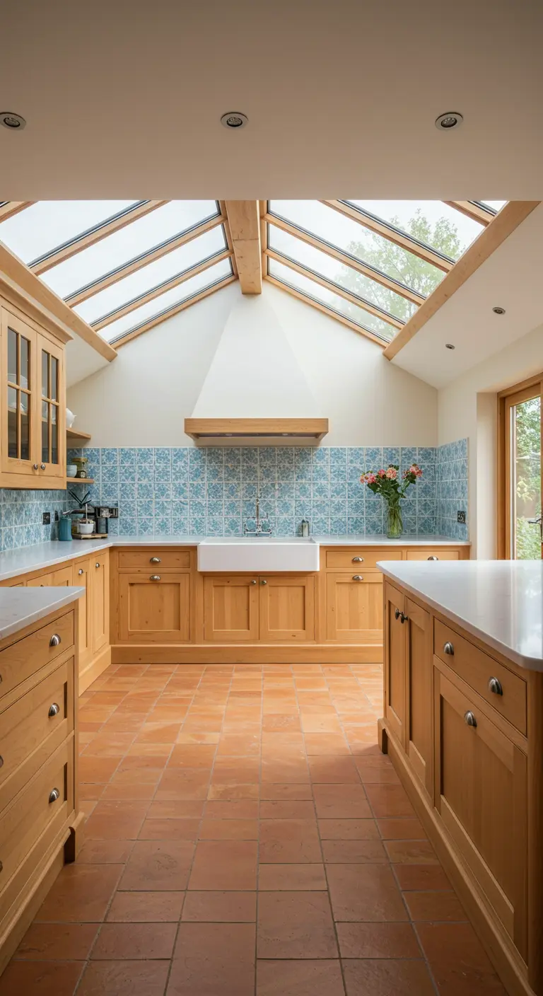 A sunlit kitchen with a vaulted ceiling, wood cabinets, and a light blue patterned tile backsplash.