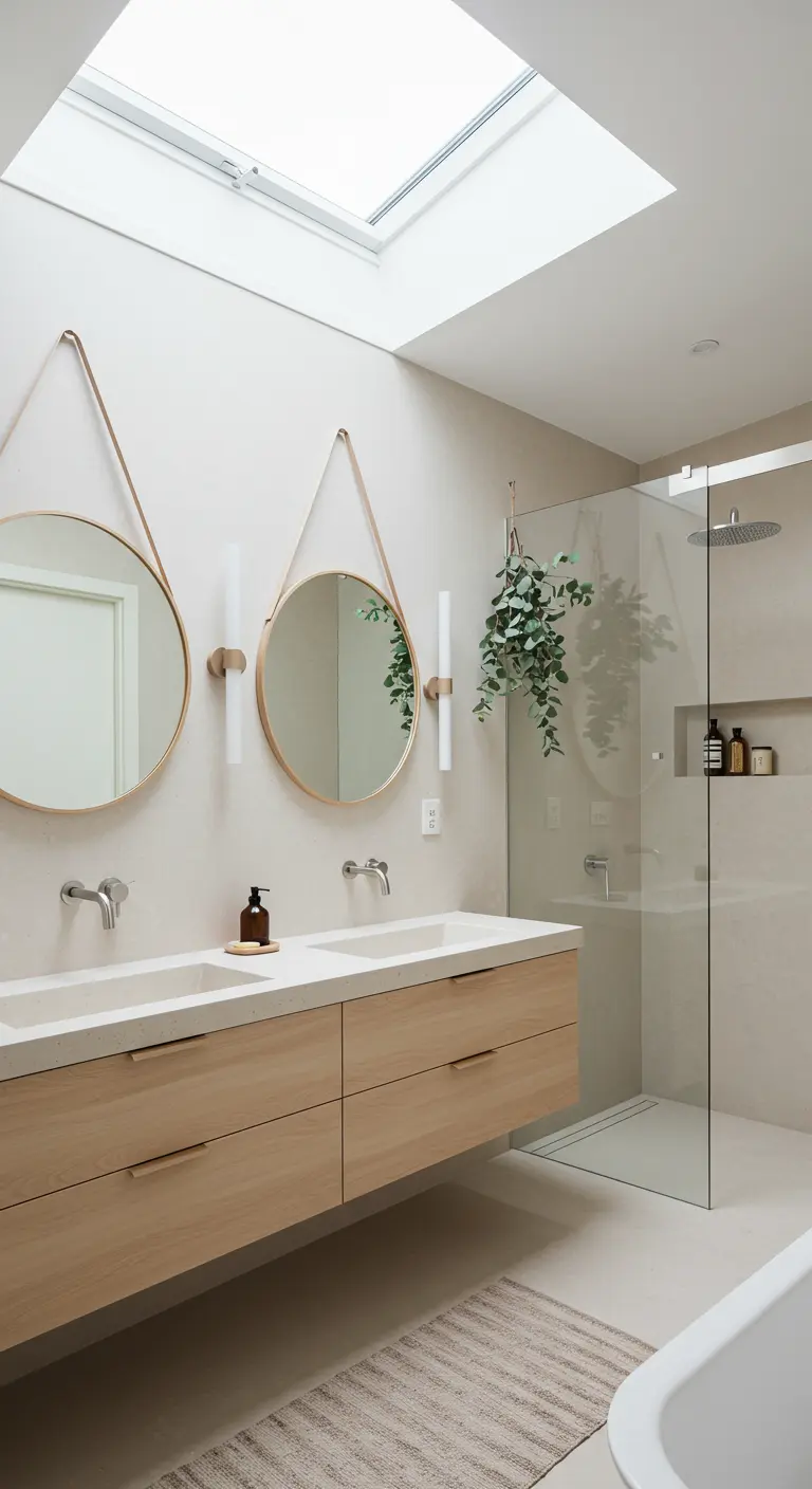 Bright bathroom with a skylight, double vanity, and round hanging mirrors.