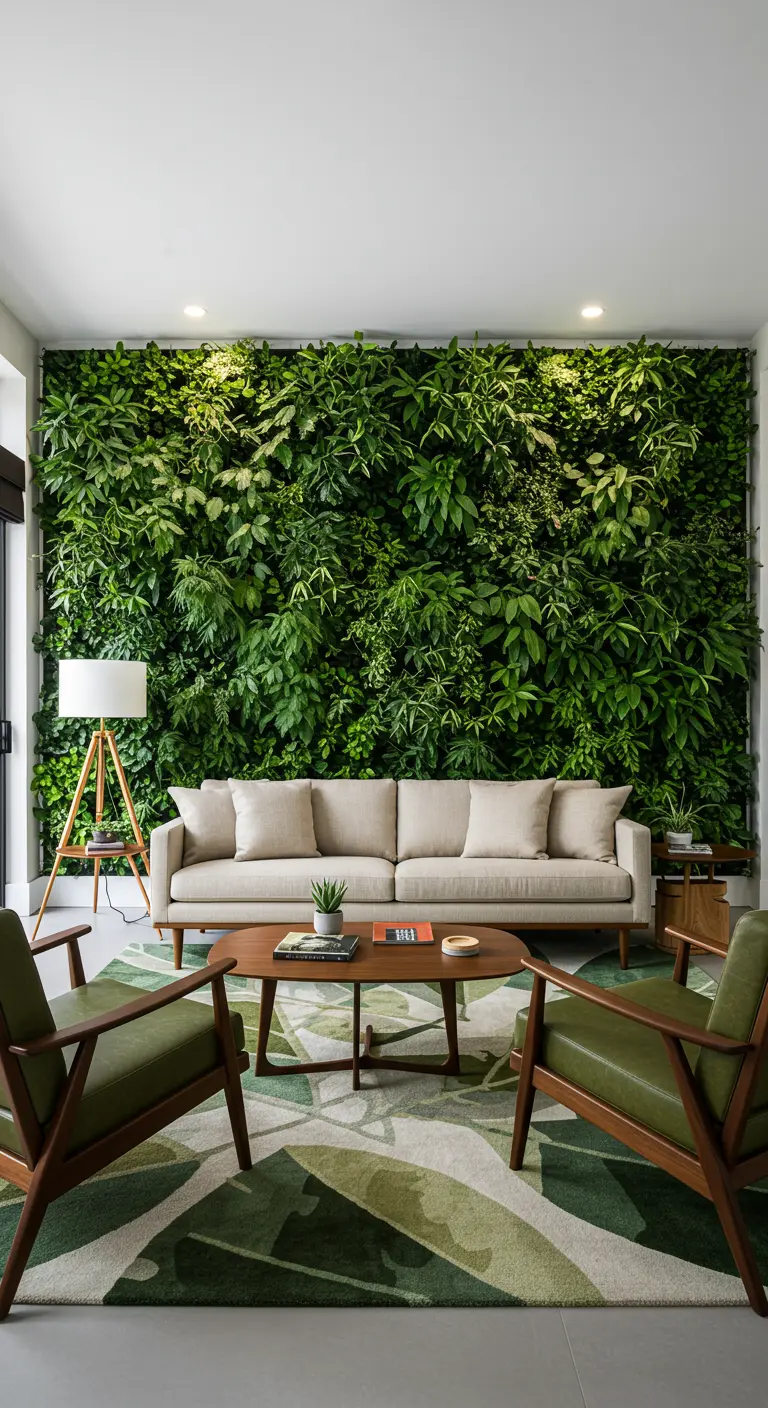 Living room with a full living plant wall and a large green leaf-patterned rug.