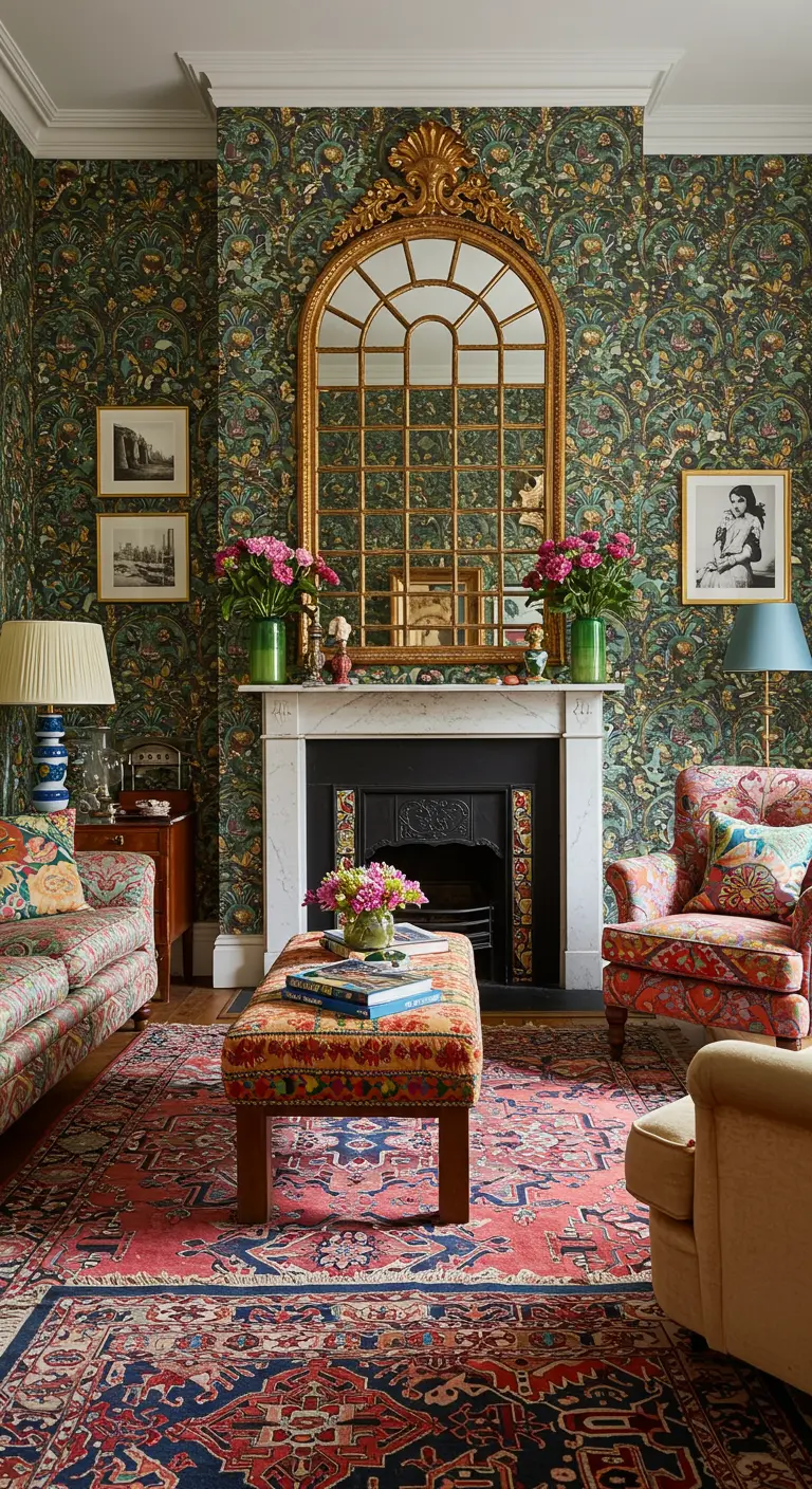 Ornate gold window-pane mirror over a fireplace in a room with green floral wallpaper.