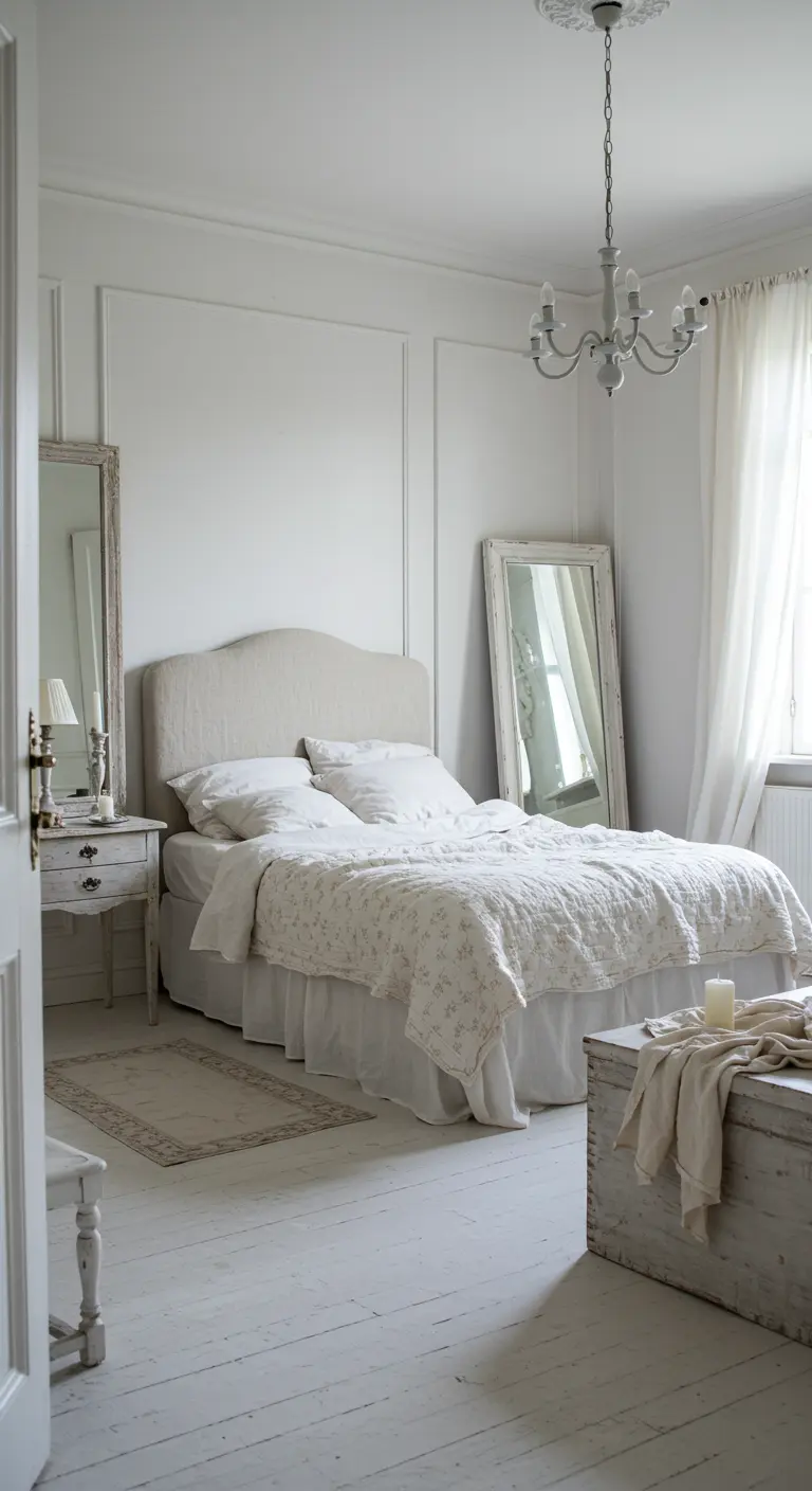 A serene, all-white bedroom with panel moulding and a large floor mirror leaning against the wall.