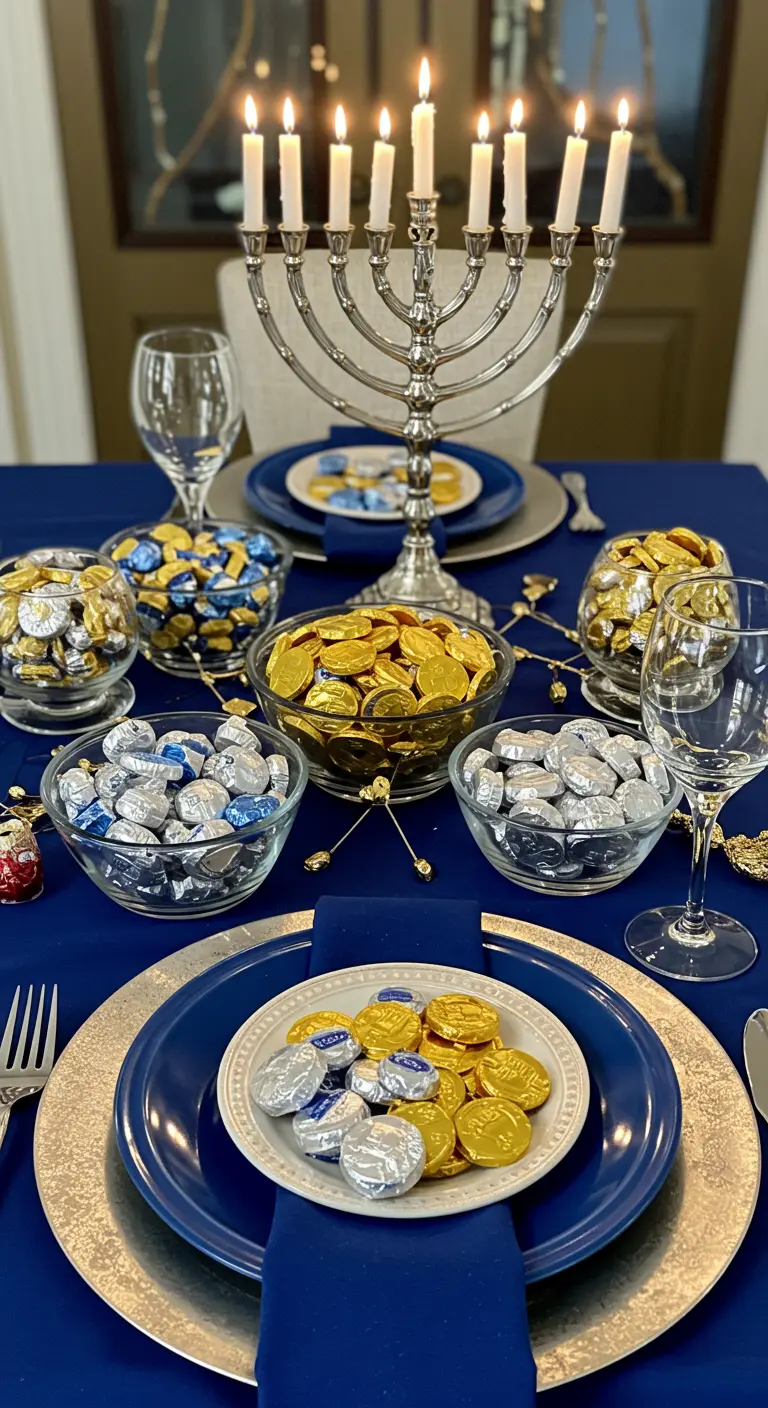 A Hanukkah table featuring multiple glass bowls overflowing with gold and silver chocolate gelt.