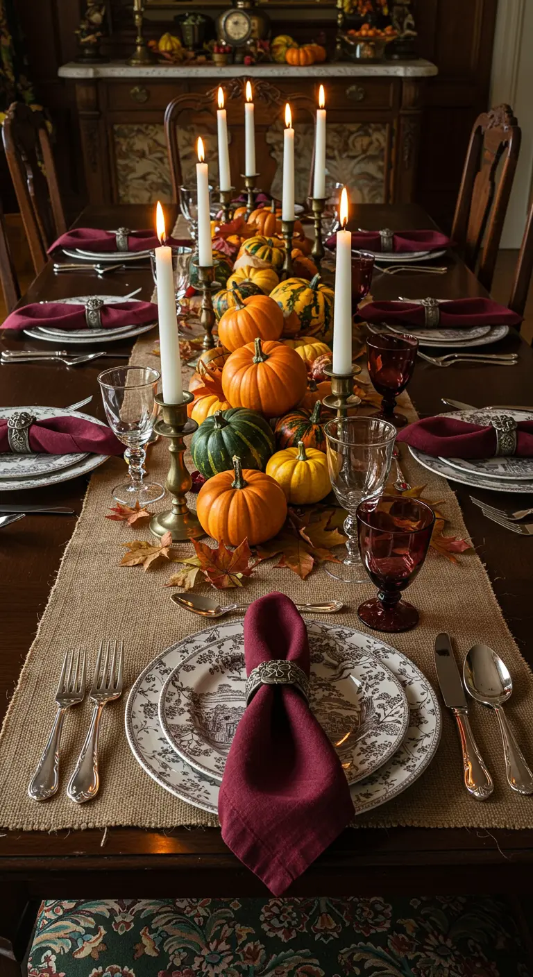 Fall tablescape with a pumpkin runner, burlap, and burgundy napkins.