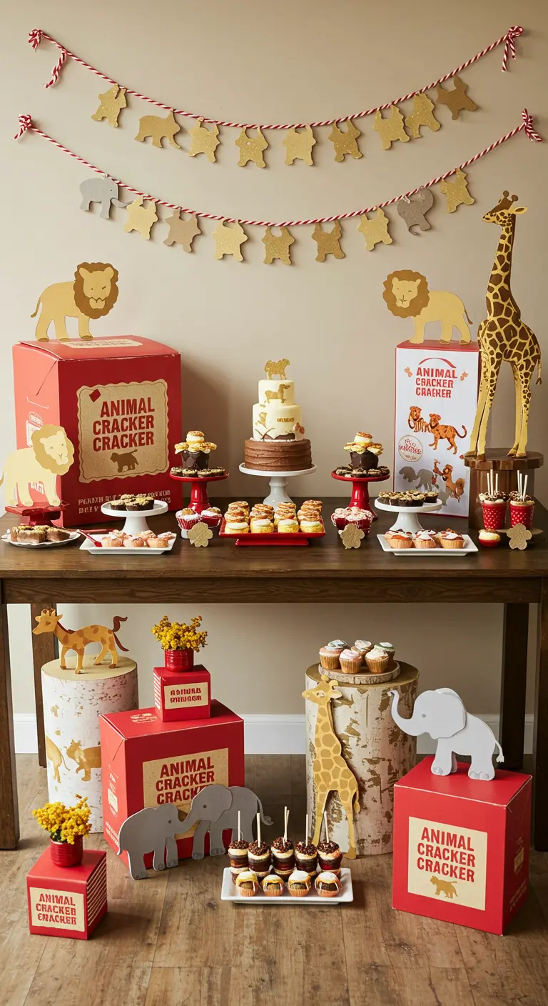 A dessert table themed around vintage animal cracker boxes.