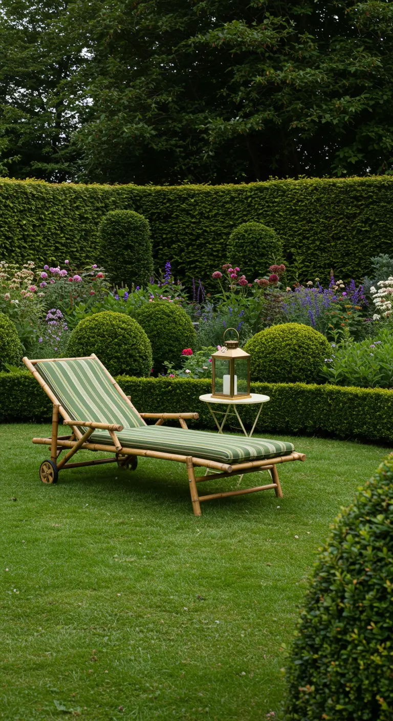 A bamboo lounger with a green striped cushion in a formal garden with a brass lantern on a table.
