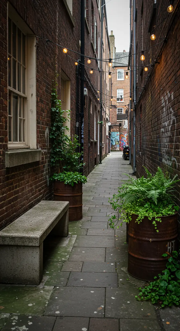 A narrow city alleyway with a concrete bench and large rusty barrel planters.