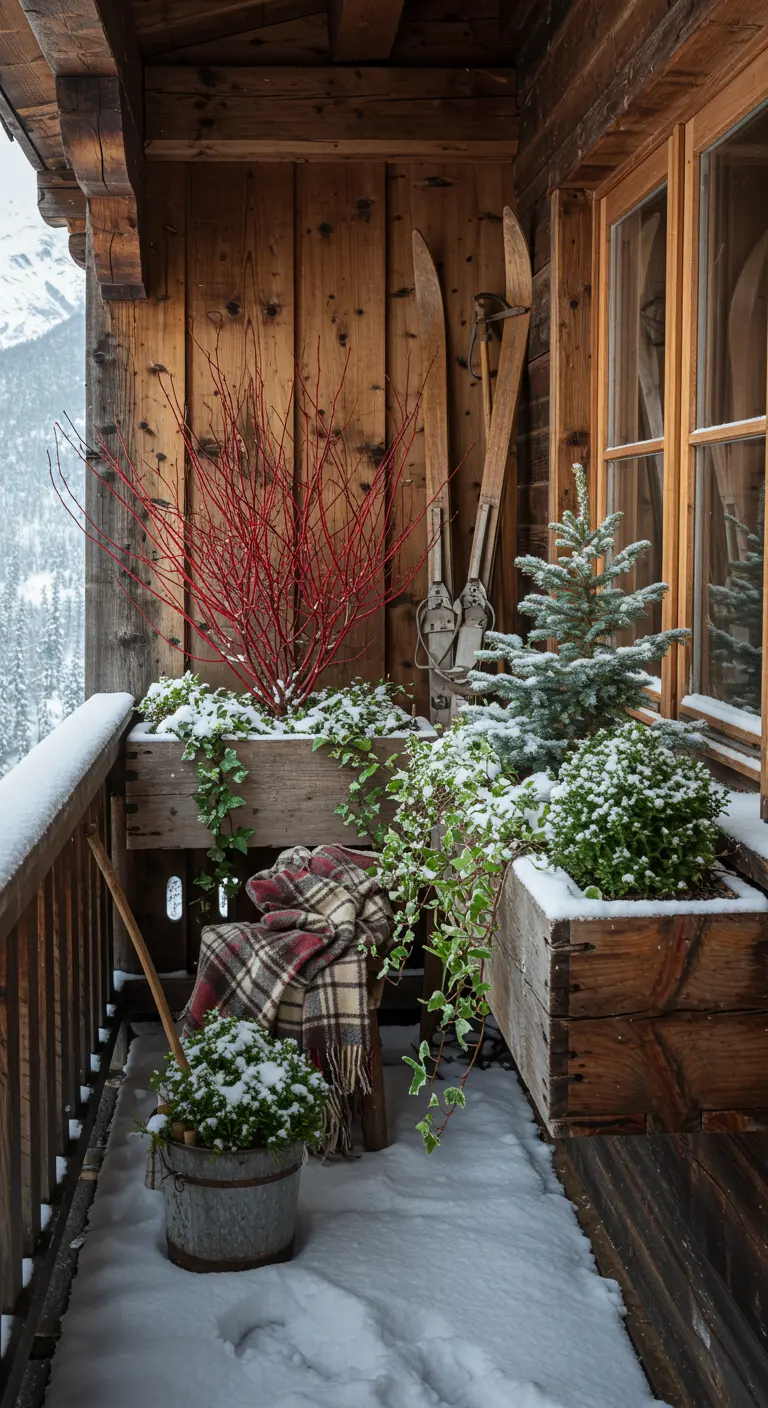 A rustic wooden balcony with red-twig dogwood, a plaid blanket, and vintage skis.