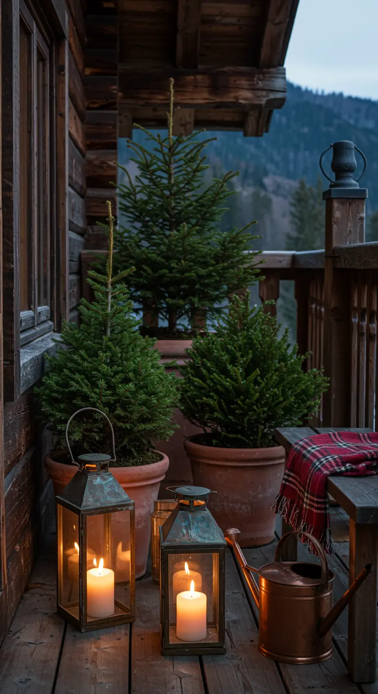 A rustic wooden balcony with small fir trees in pots, lanterns with candles, and a copper watering can.