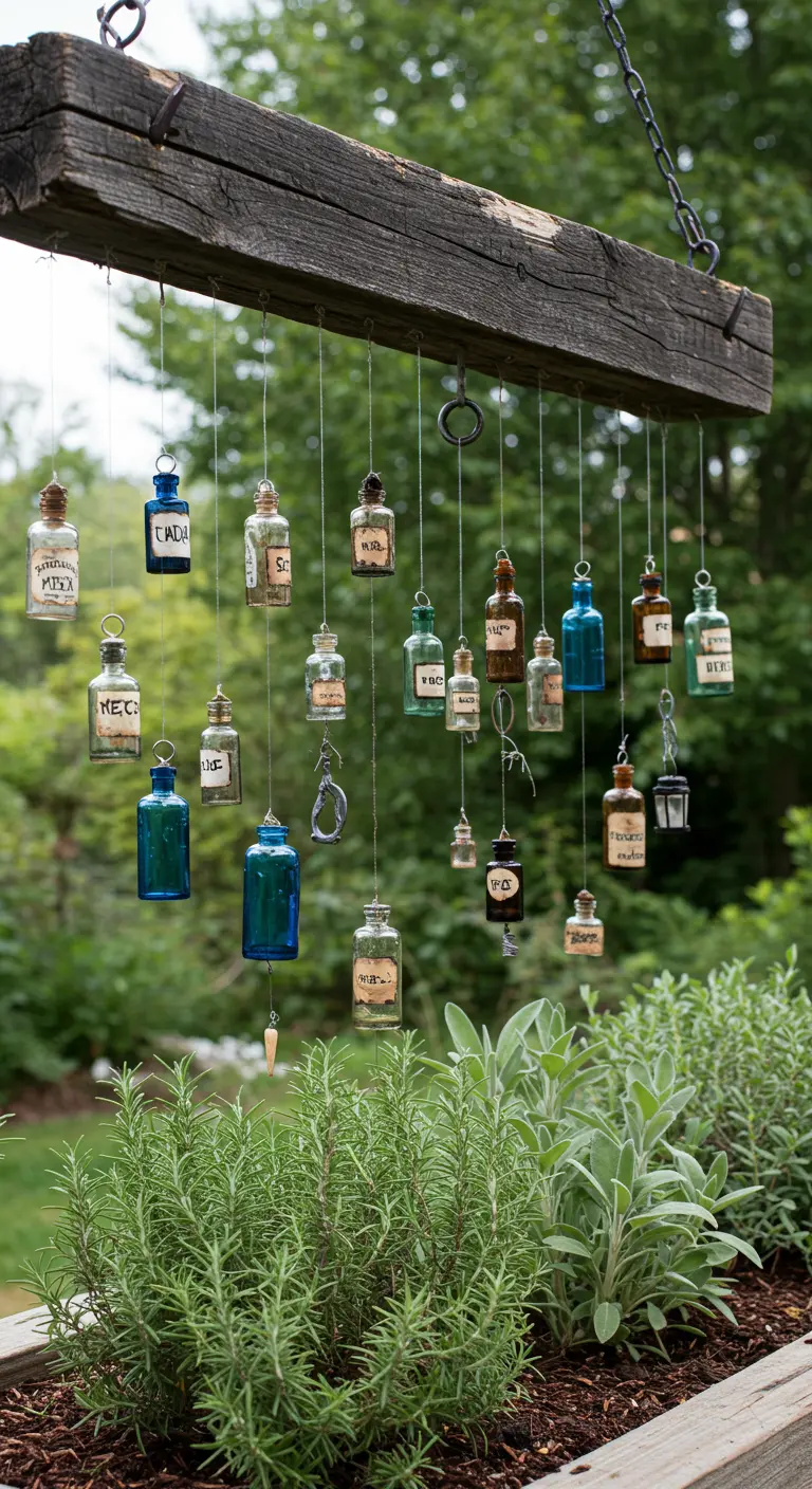 A delicate wind chime made of small, vintage apothecary bottles over an herb garden.