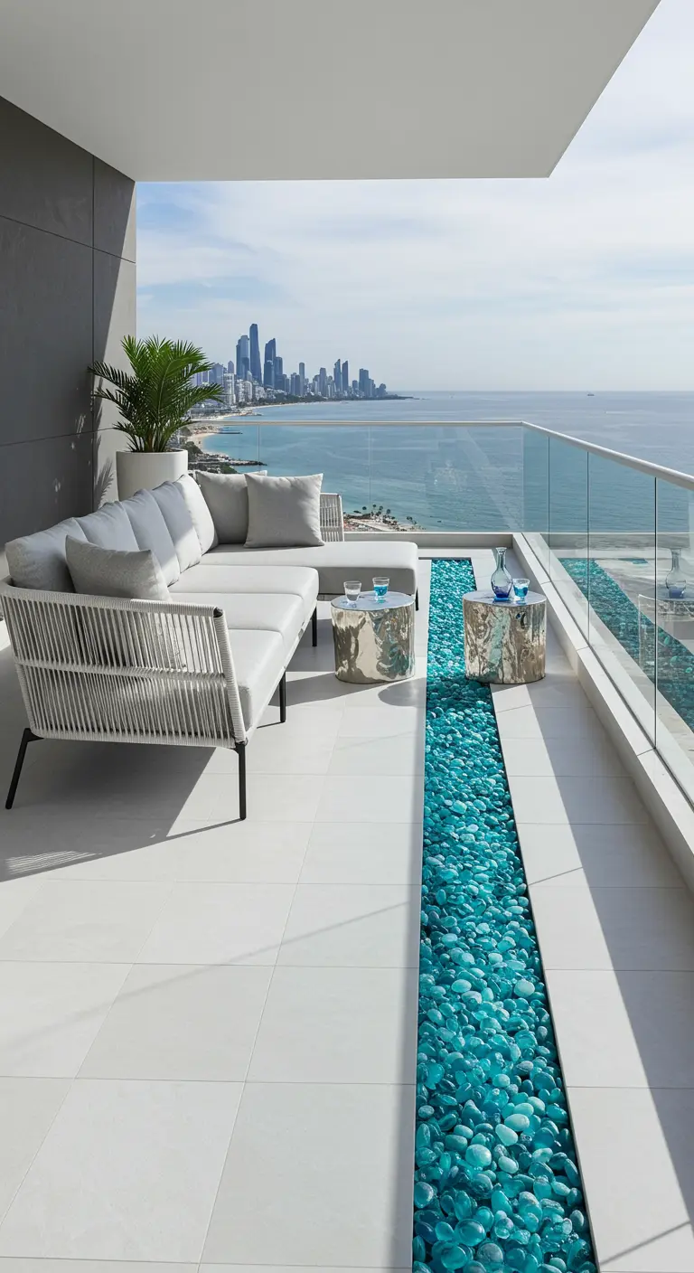 A modern balcony with a channel filled with aqua glass pebbles running alongside a white sofa.