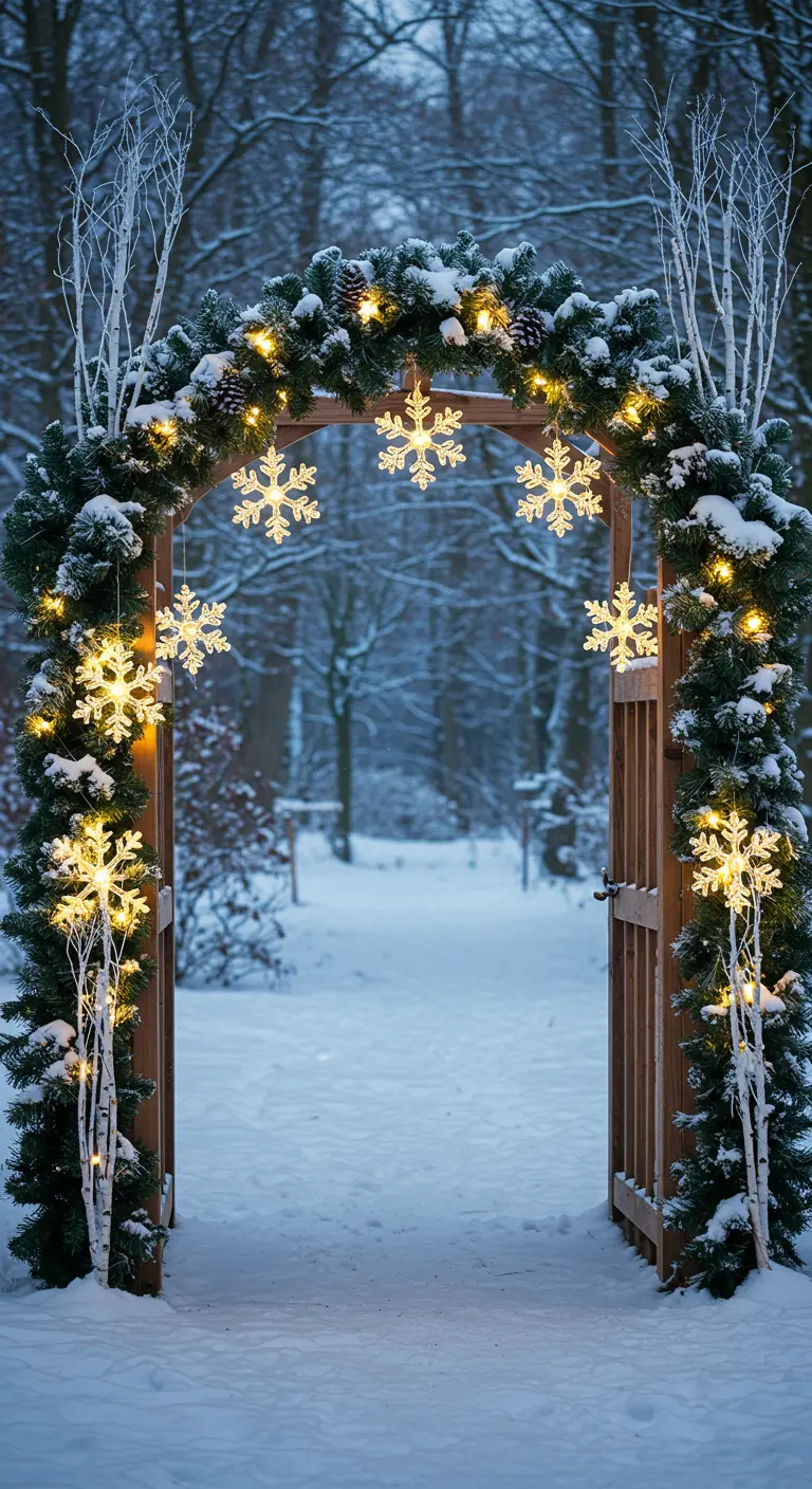 A garden arch heavily decorated with pine garlands, lights, and hanging snowflakes in the snow.