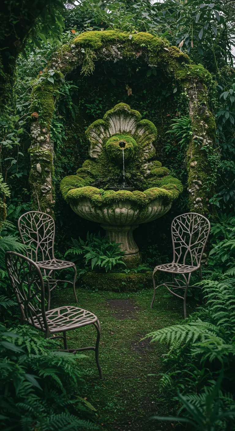 A mossy, shell-shaped fountain in a grotto with Art Nouveau-style chairs.