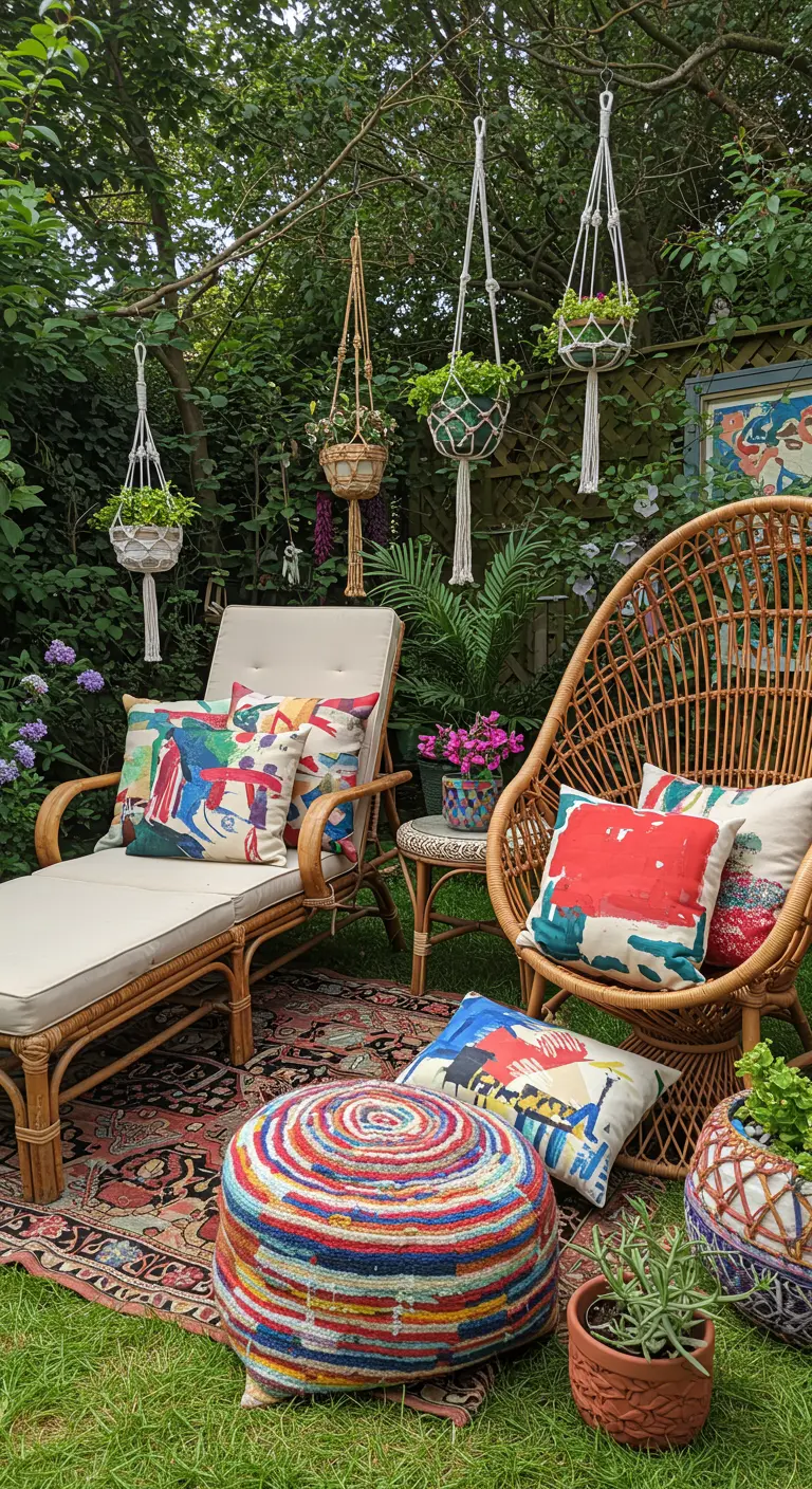 Rattan furniture in a garden with colorful abstract-print pillows and a bright rug.