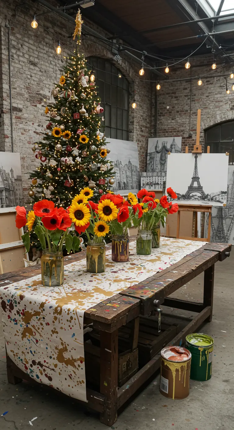 An artist's studio with a Christmas tree and a workbench set with flowers in paint-drip jars