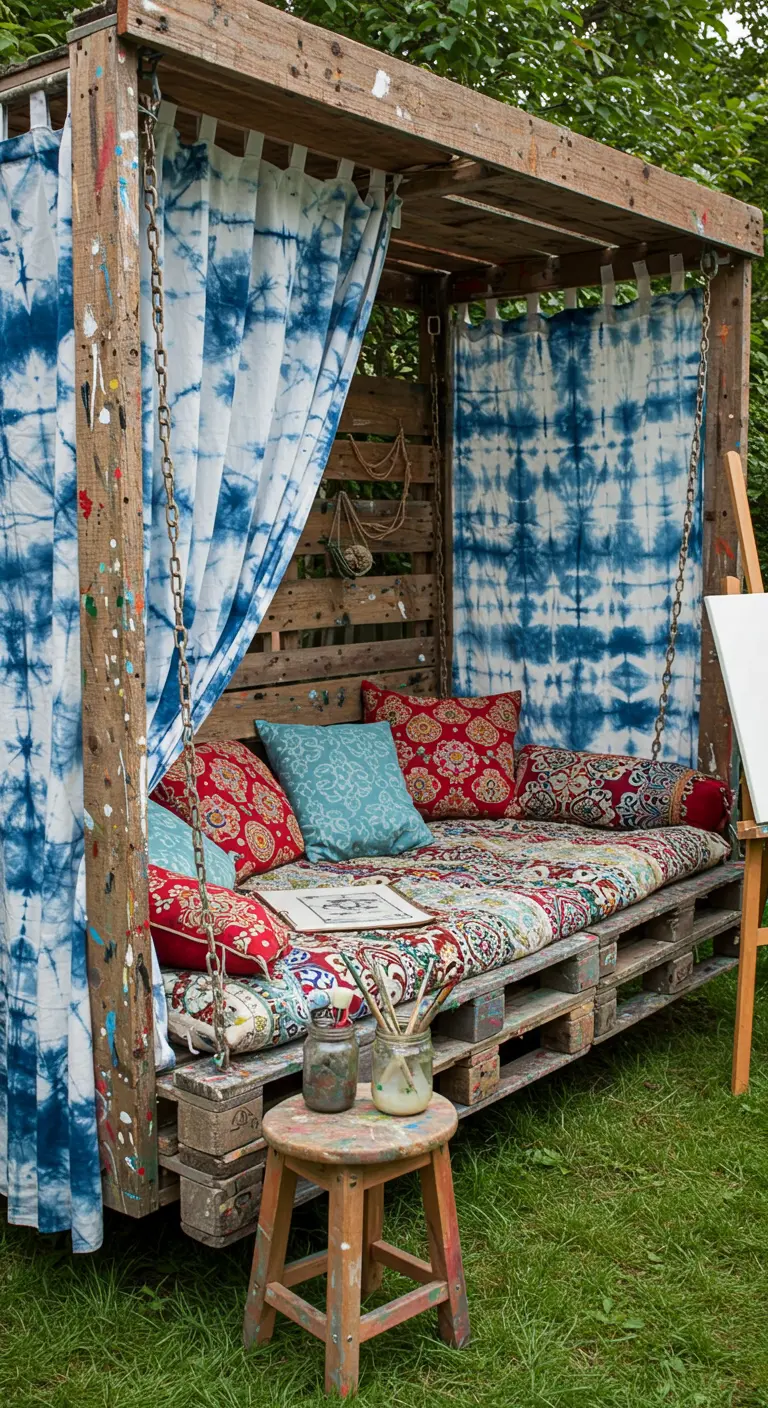 Eclectic pallet swing bed with paint-splattered frame and tie-dye curtains.