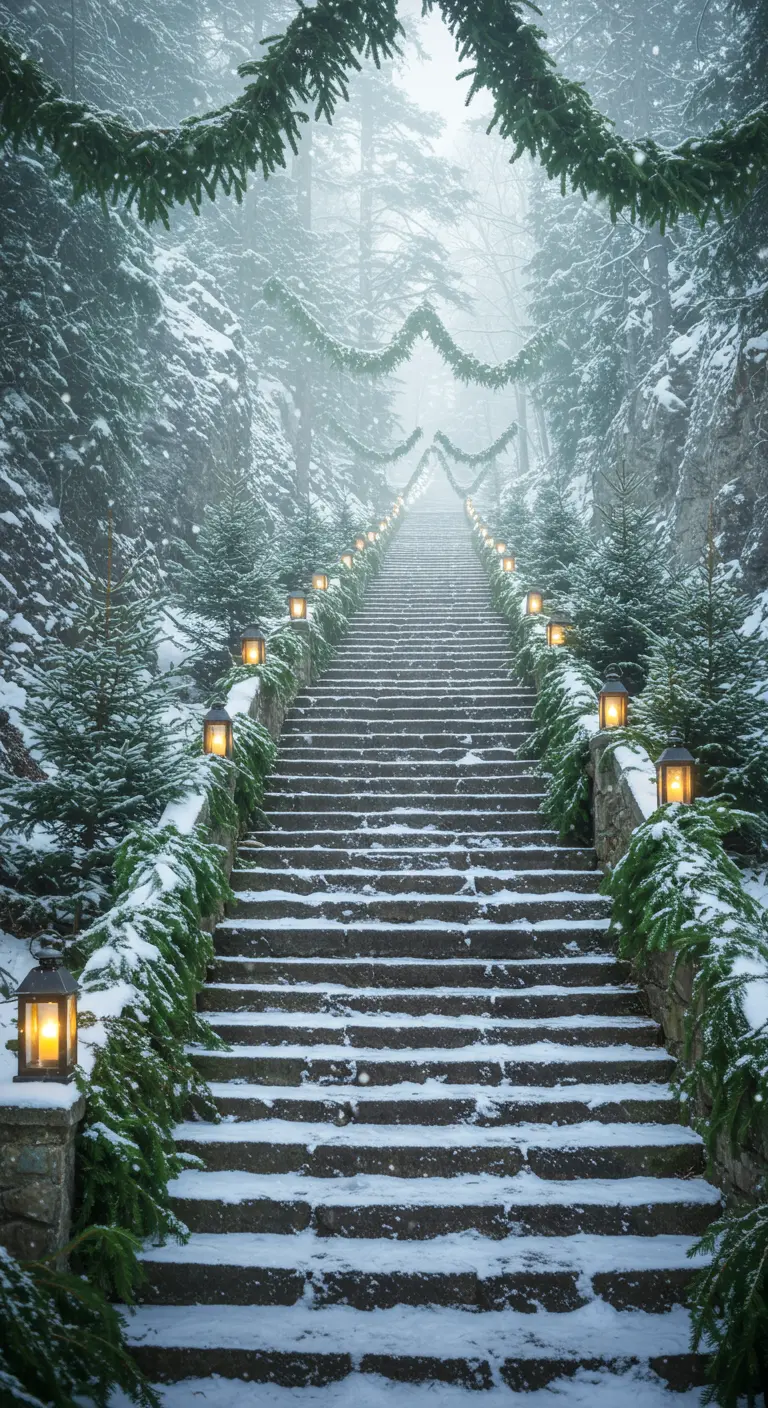 Grand snow-covered stone staircase flanked by lanterns and garlands.