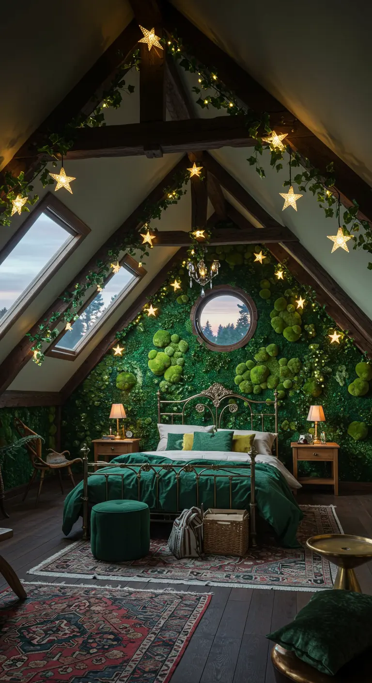 An attic bedroom with a moss wall behind a metal bed, with star-shaped lights on the beams.