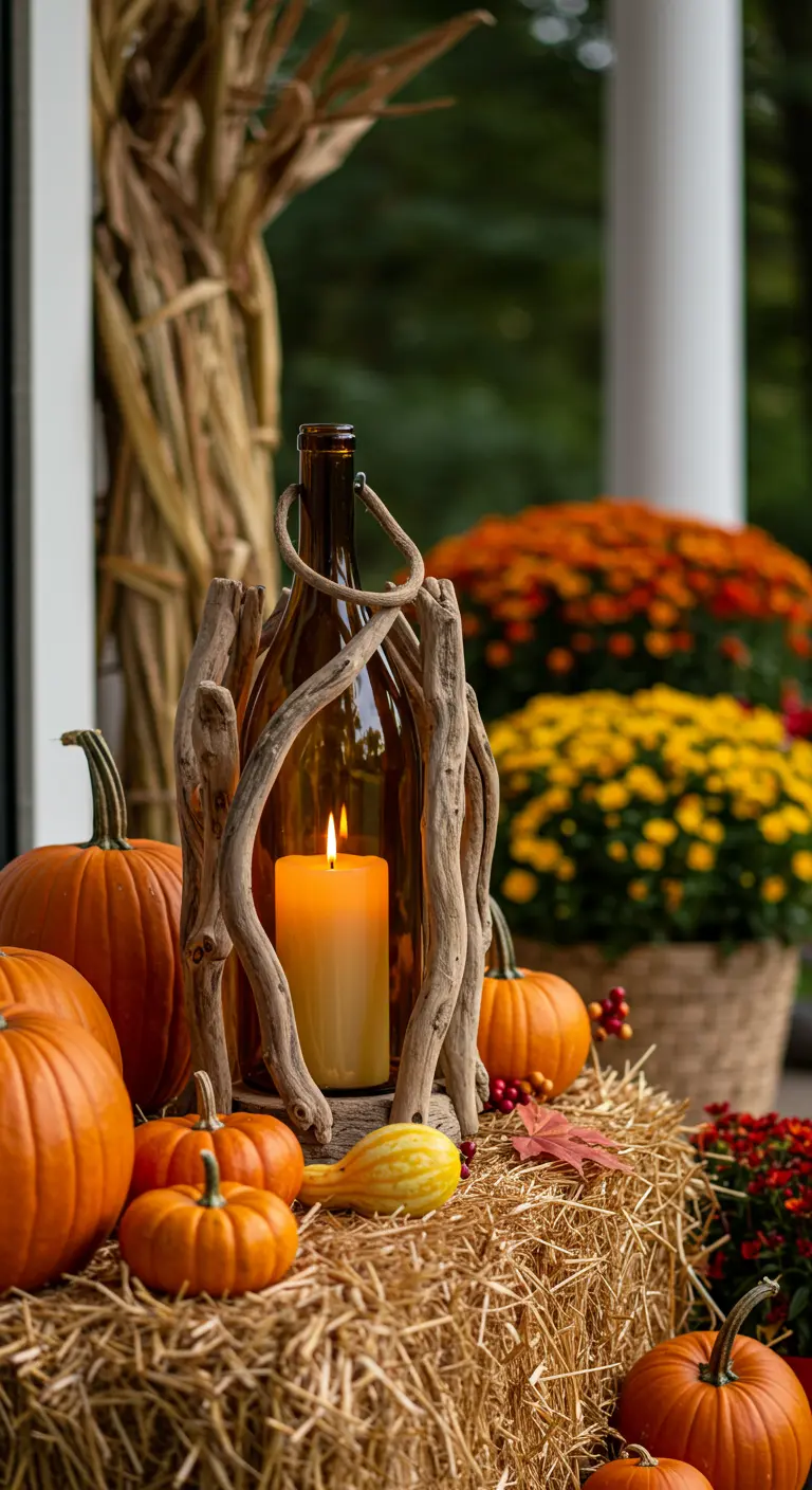 An amber wine bottle lantern on a hay bale surrounded by pumpkins and fall decor.