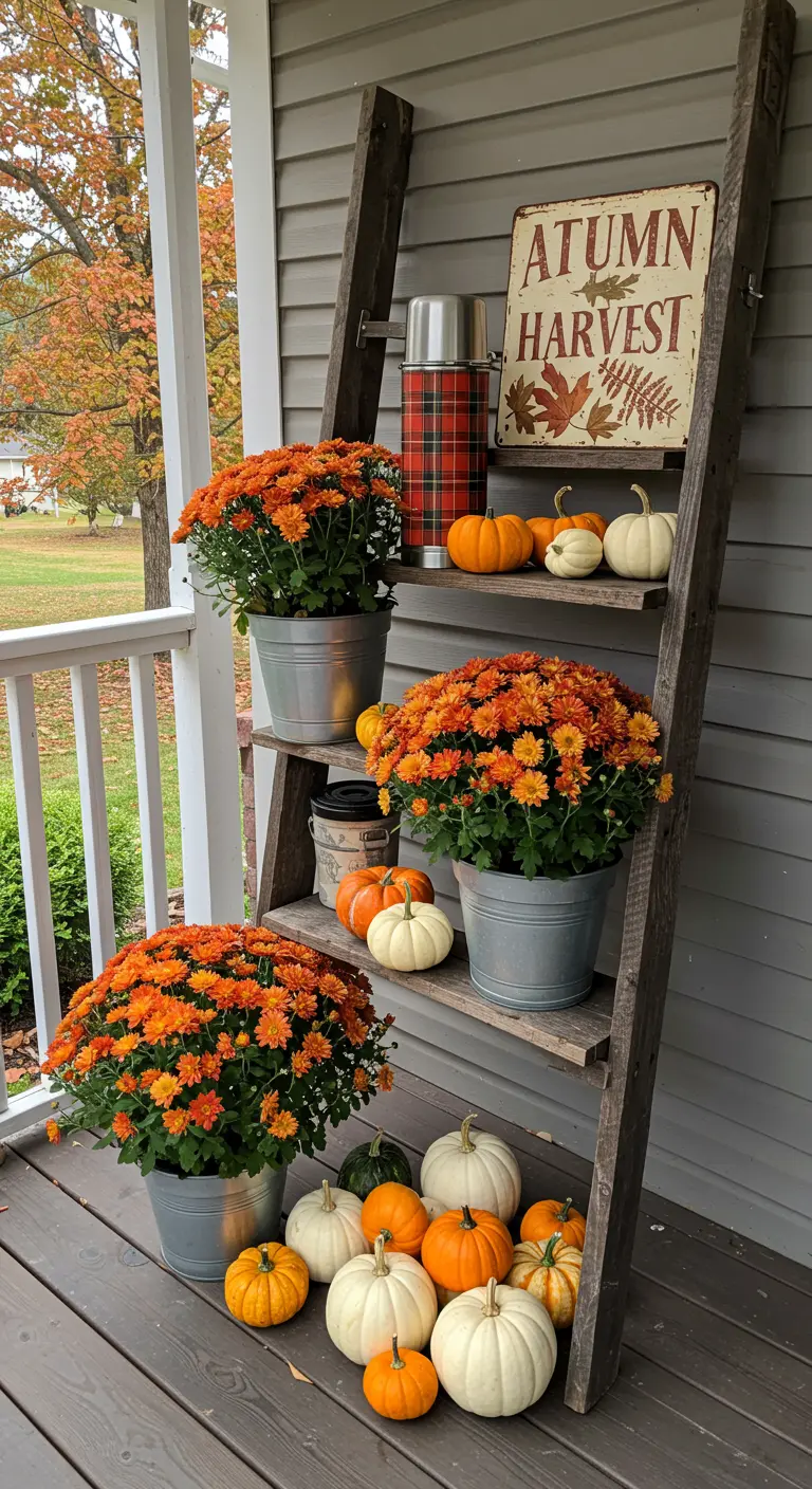 A rustic ladder on a porch decorated with orange mums, pumpkins, and an Autumn Harvest sign.
