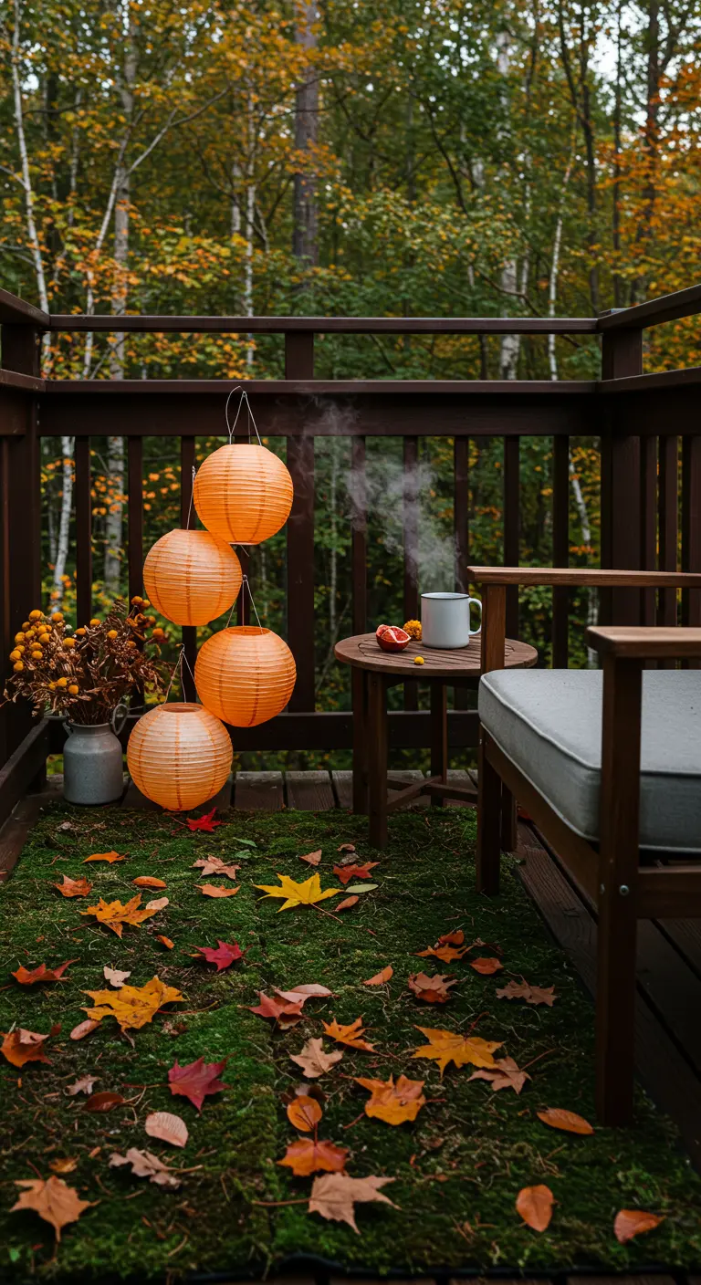 Autumn balcony with orange paper lanterns, a moss rug, and scattered fall leaves.