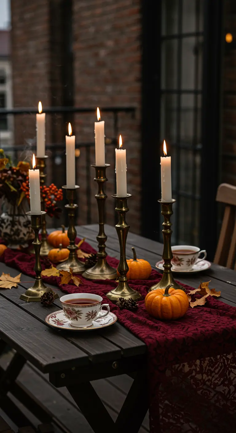 An autumn-themed tea party on a balcony with a burgundy runner, brass candlesticks, and mini pumpkins.