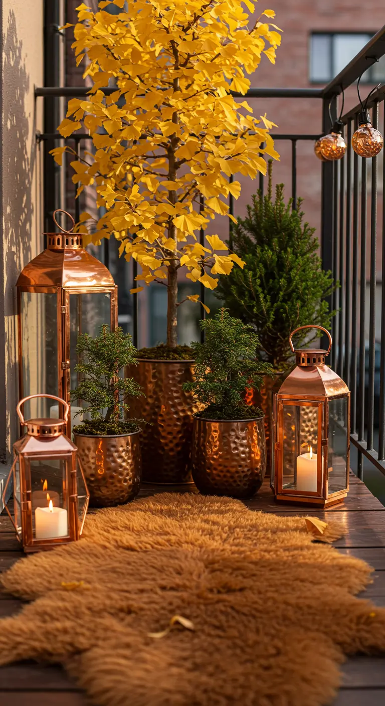 Balcony with copper lanterns and planters, a yellow Ginkgo tree, and a brown sheepskin rug.