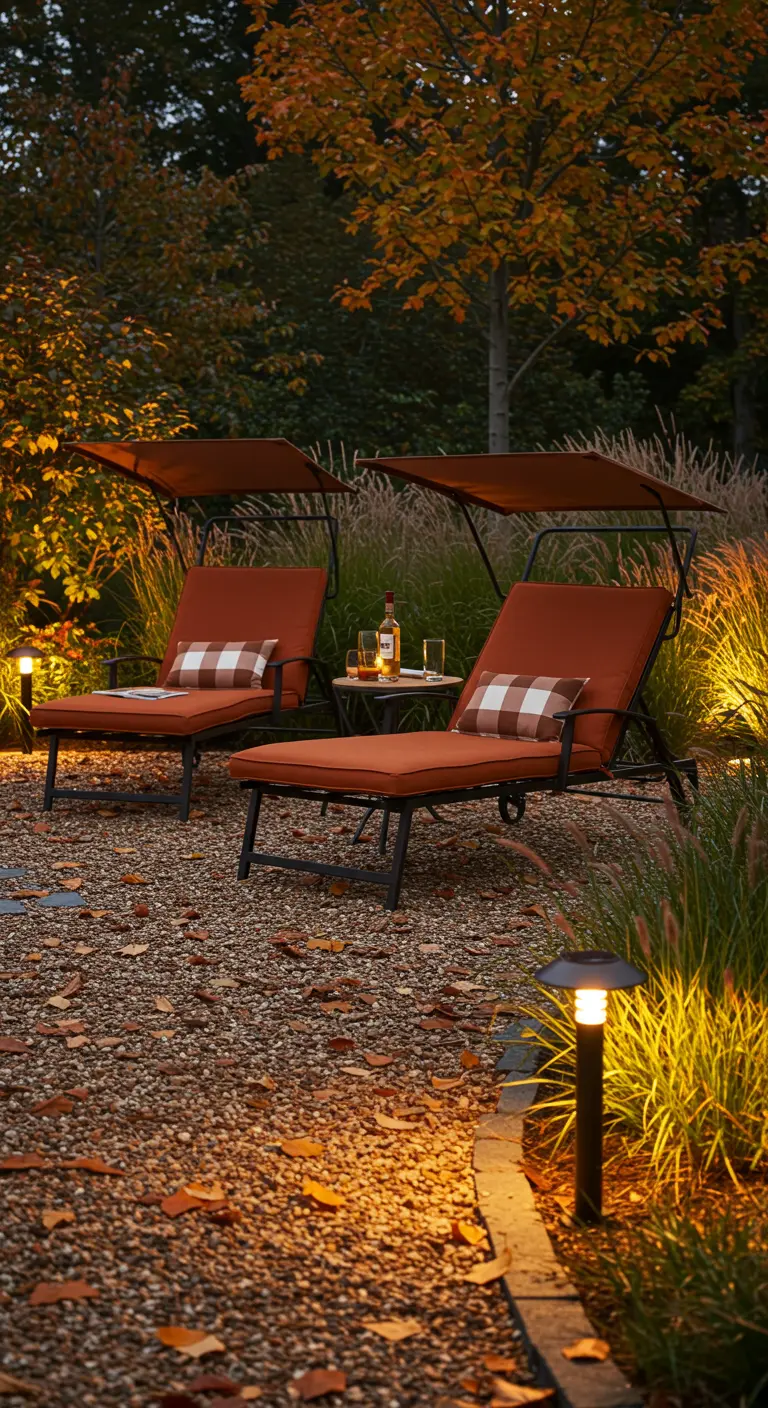 Two sunbeds with orange cushions and plaid pillows on a gravel patio in autumn.