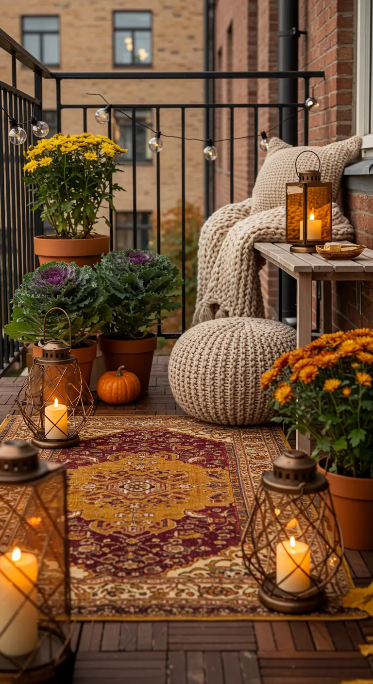 A cozy fall balcony with an orange and red rug, lanterns, pumpkins, and mums.