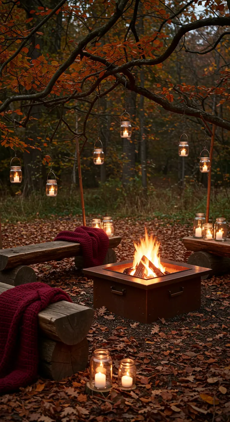 A rustic fire pit in an autumn forest with log benches and hanging mason jar candles.