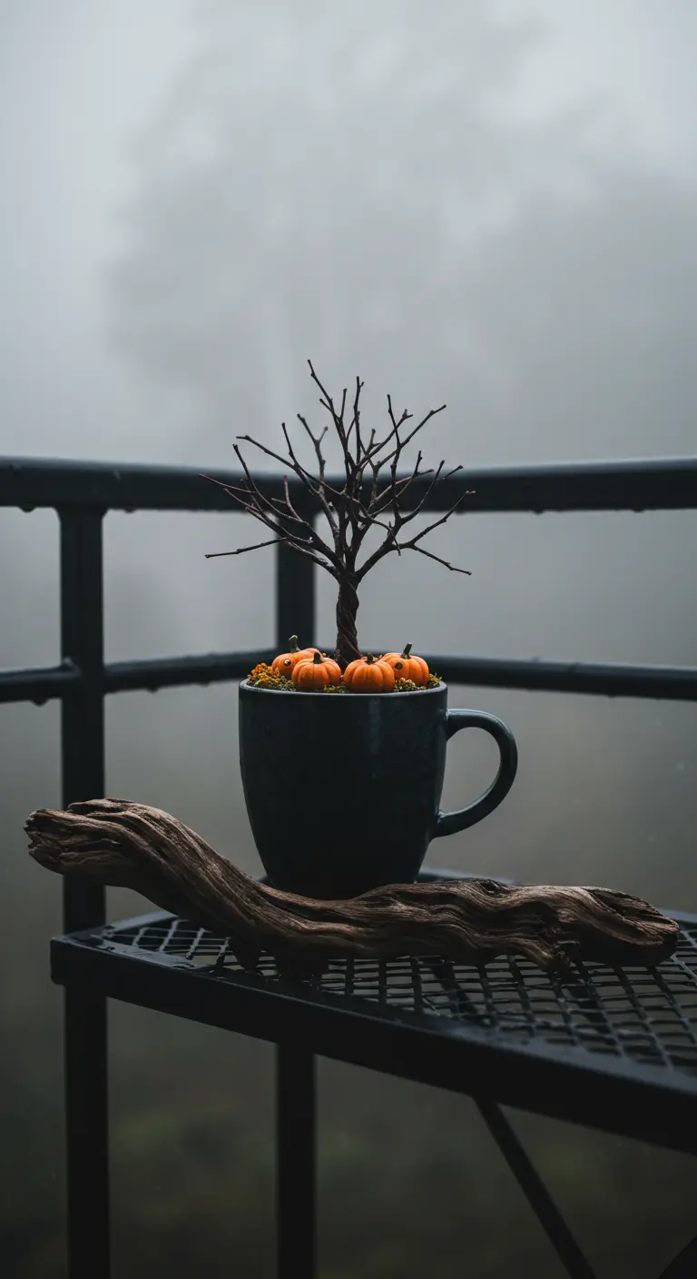 A dark mug with a bare twig tree and mini pumpkins sits on driftwood against a foggy backdrop.