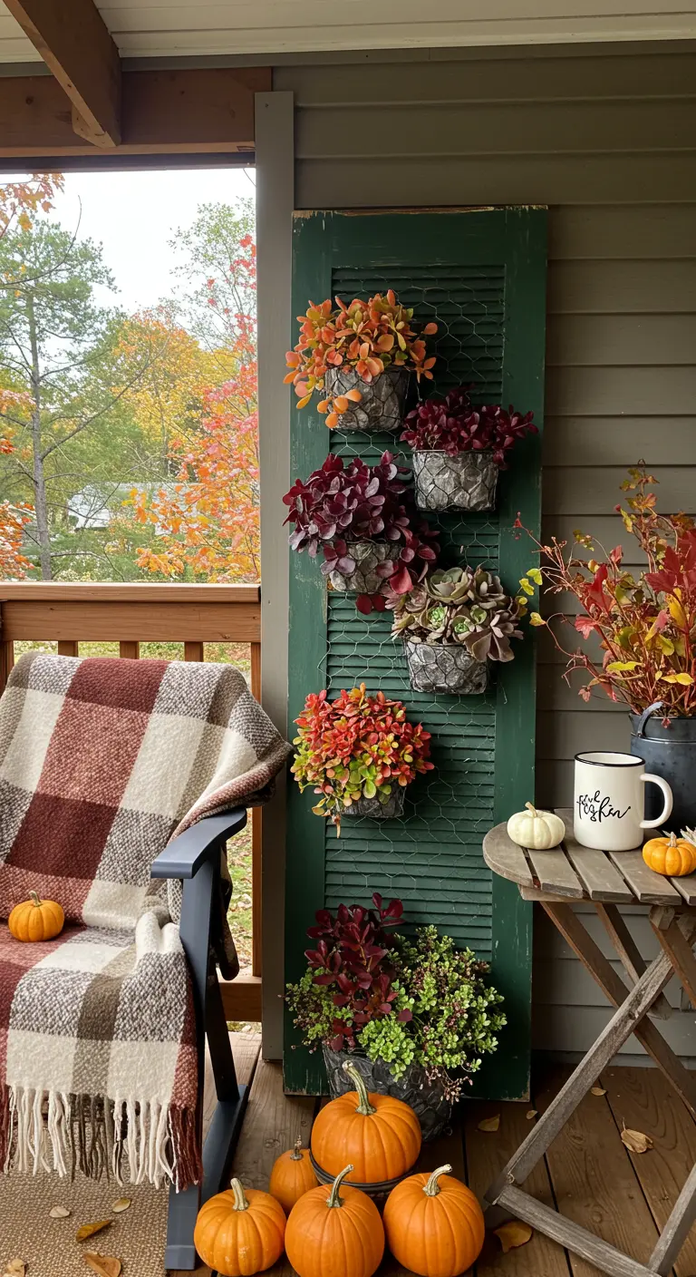 A dark green shutter with autumnal-colored succulents, surrounded by pumpkins and a plaid throw.