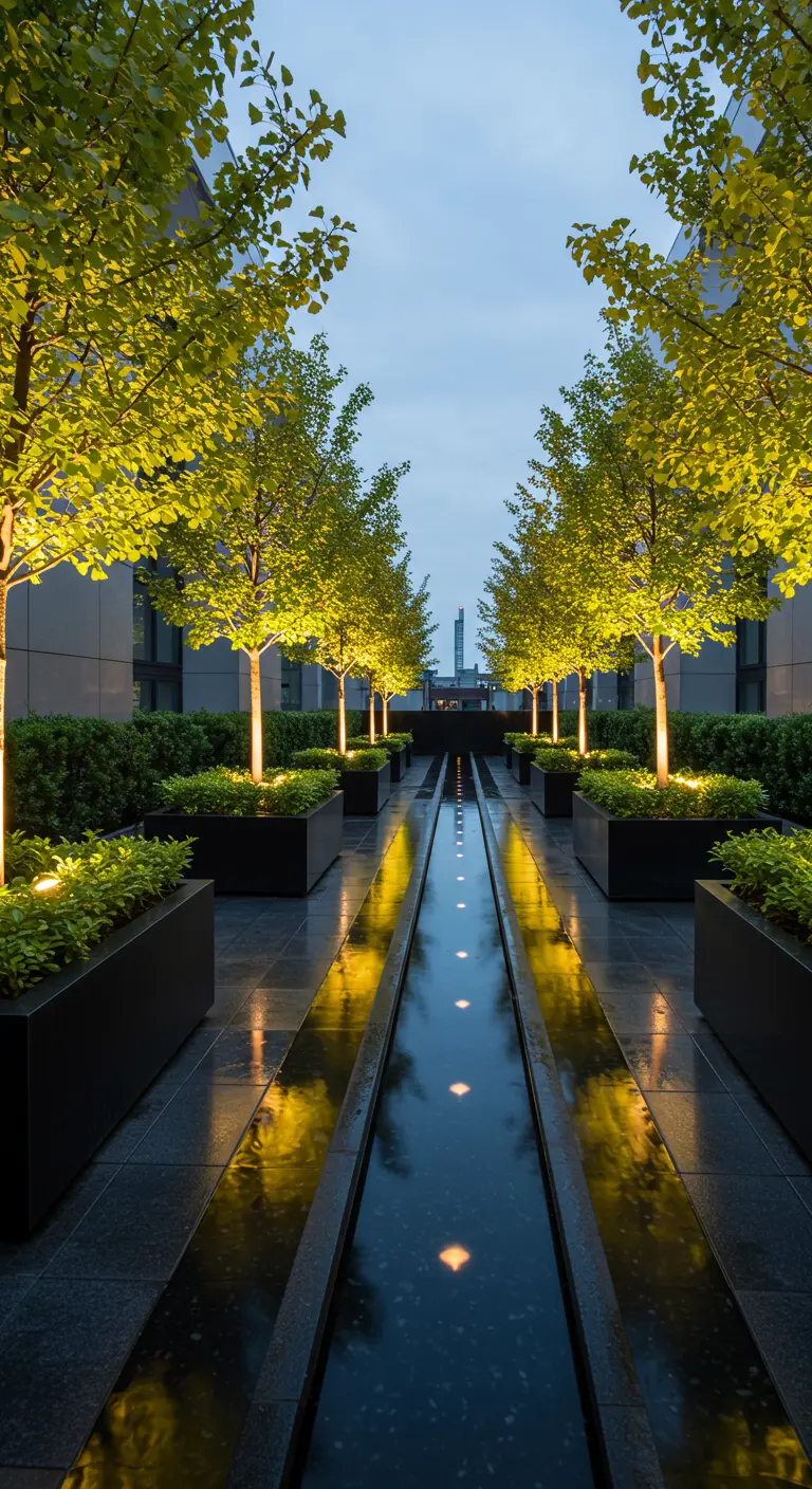 A long rooftop terrace with a central water feature flanked by rows of illuminated trees.