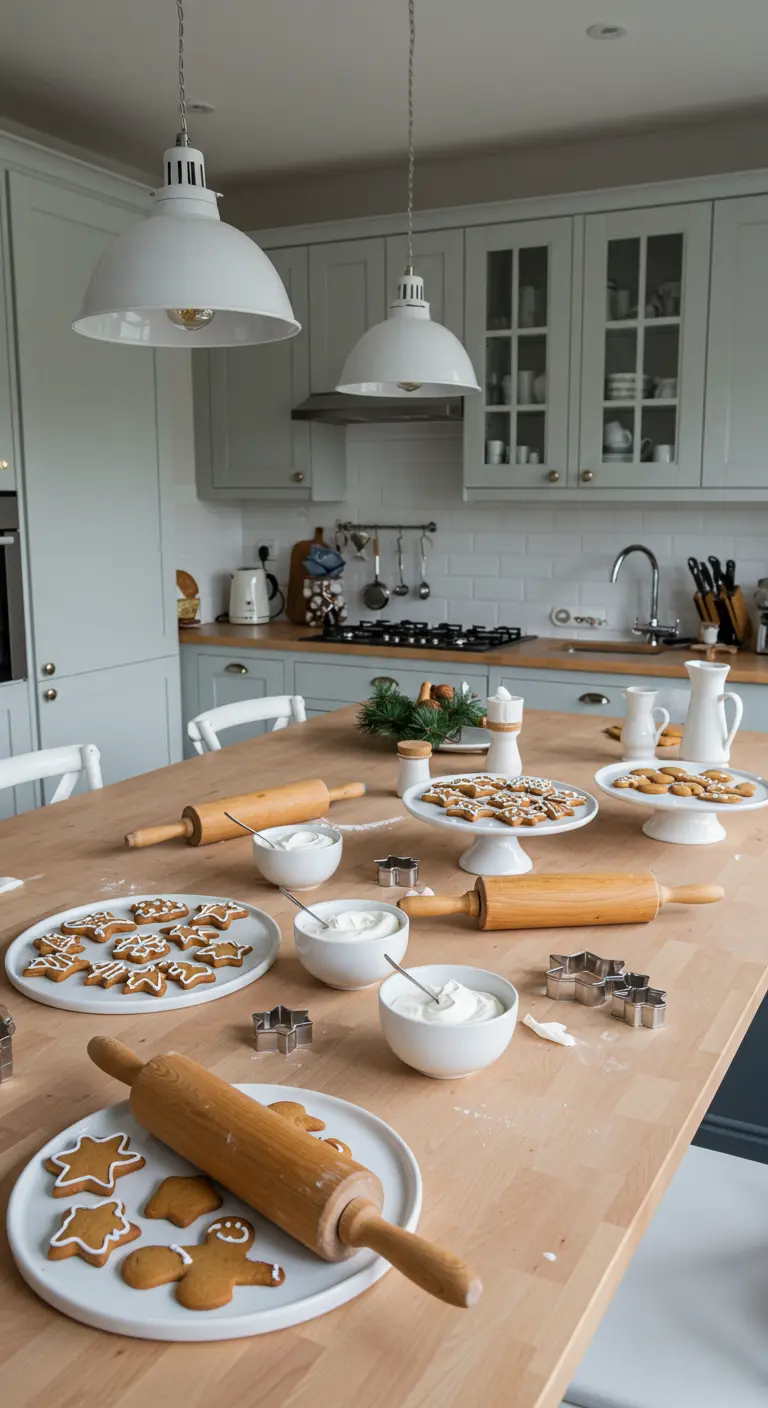 Kitchen island set up for decorating gingerbread cookies, with white icing and rolling pins.