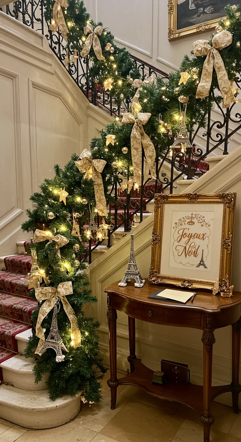 Staircase decorated with lush evergreen garland, gold bows, and hanging Eiffel Tower ornaments