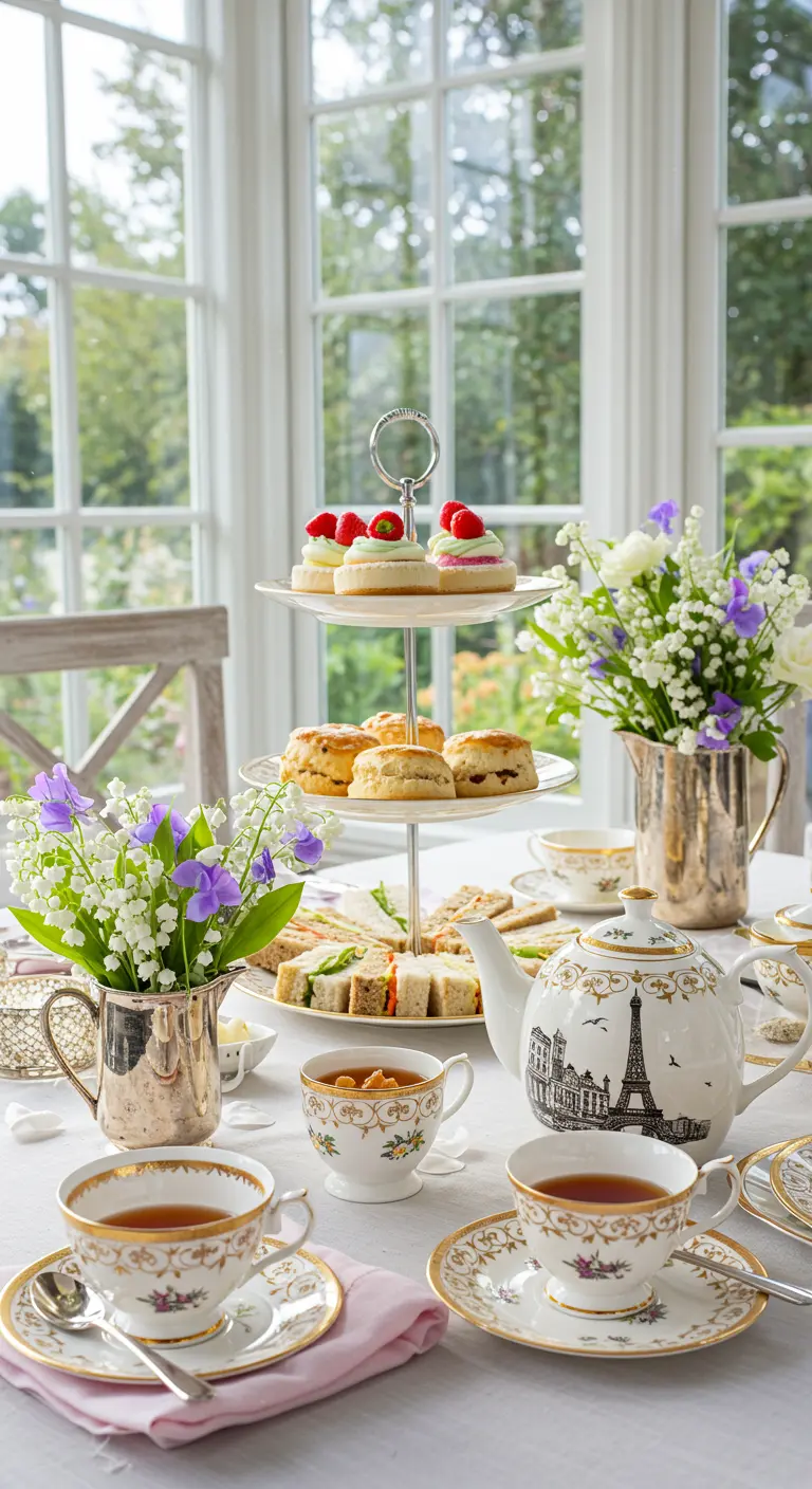A classic afternoon tea setup with a Parisian-themed teapot, tiered stand of treats, and flowers