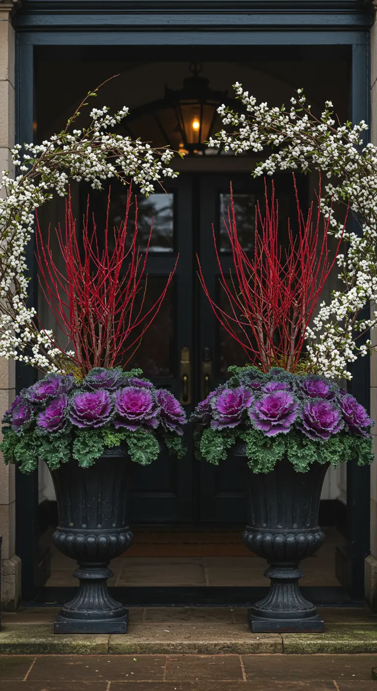 Two black urns with purple kale framing a door, with an arch of white flowers overhead.
