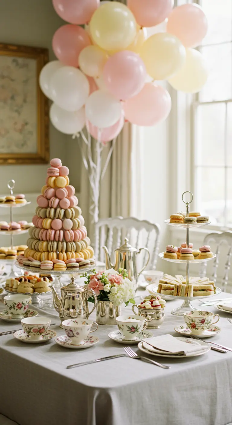 A tower of pastel macarons on a formal brunch table with silver teapots and fine china.