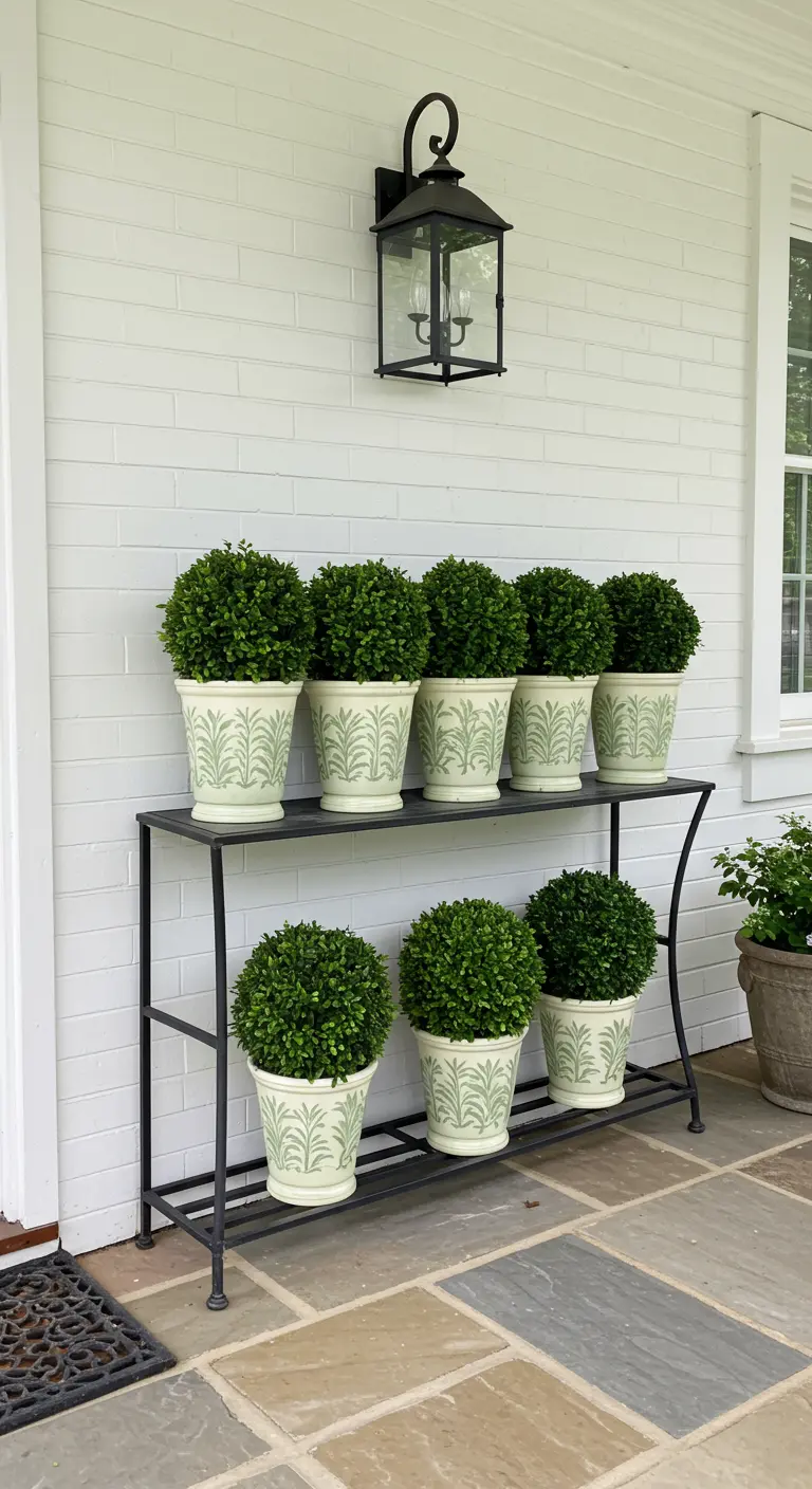 Symmetrical rows of boxwood topiaries in matching planters on a black console table.