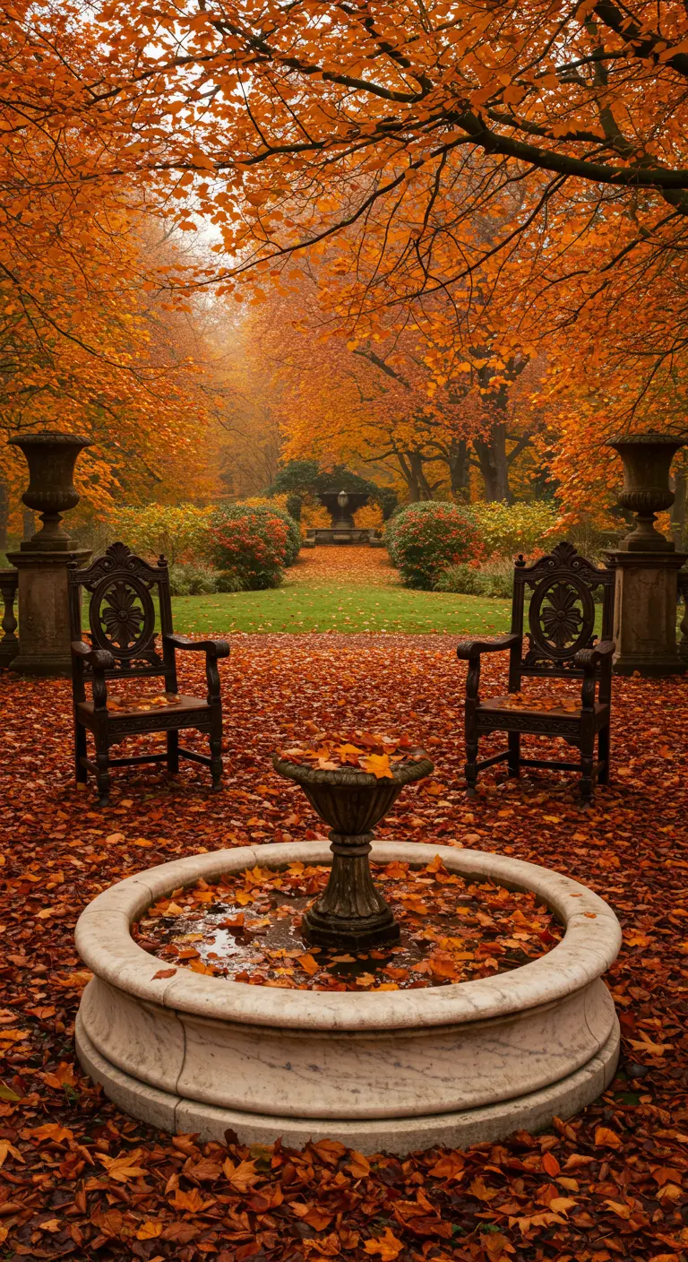 Two dark wood chairs sit by a small fountain, surrounded by vibrant orange autumn leaves.
